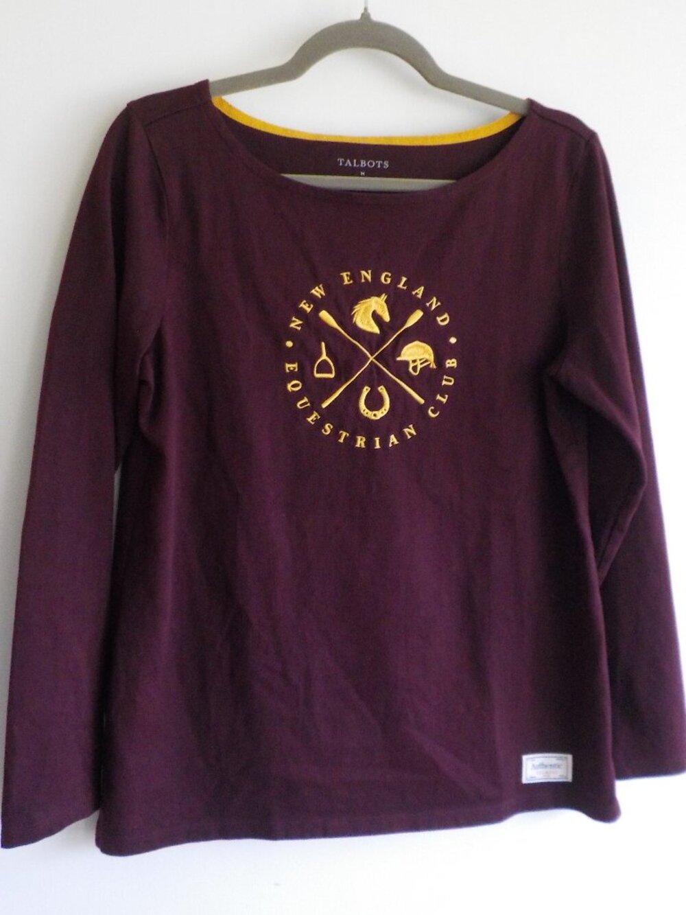 Talbots Tee Top - Medium - Burgundy Long Sleeve Equestrian Logo COTTON (2271)